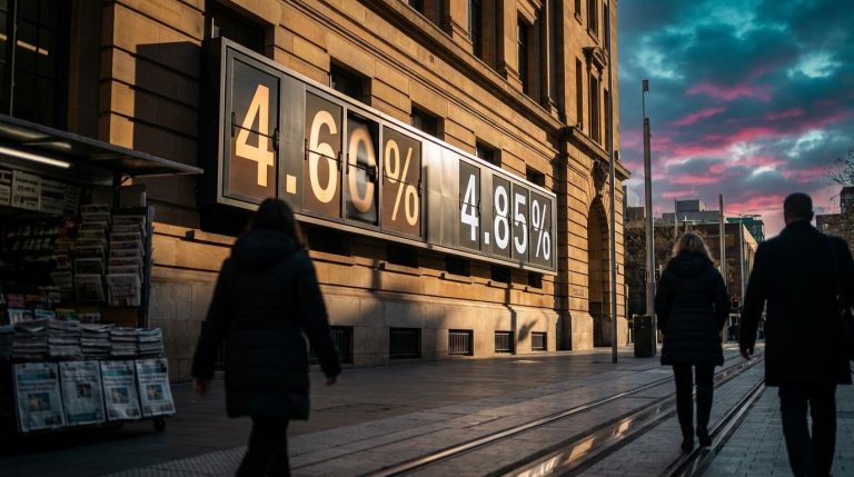 RBA rate hike odds: rate board flipping from 4.60% toward 4.85% outside a Sydney sandstone building at dusk