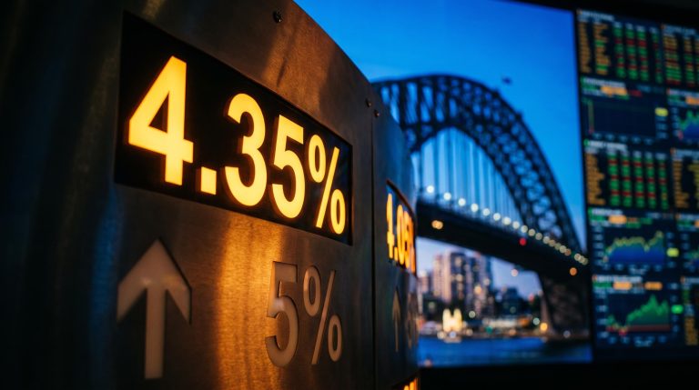 RBA cash rate display showing 4.35% with Sydney Harbour Bridge backdrop as markets price a September hike