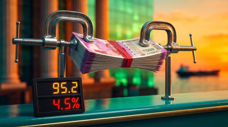 Taut rupee banknotes clamped in steel beside 95.2 and 4.5% price board illustrating RBI FX curbs and costlier hedging