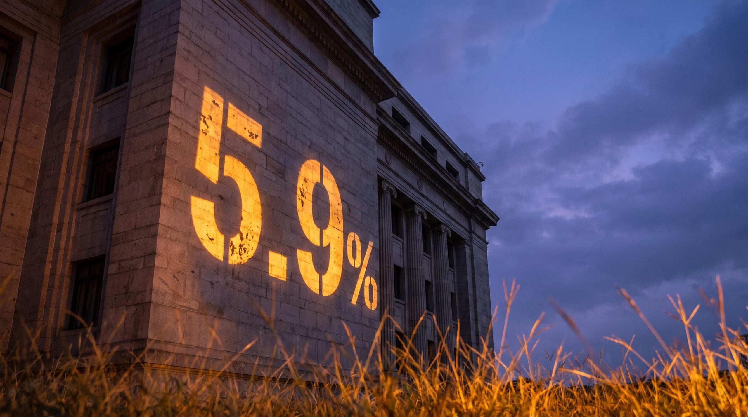 RBI headquarters facade with 5.9% Q3 inflation projection — hawkish tilt behind the hold