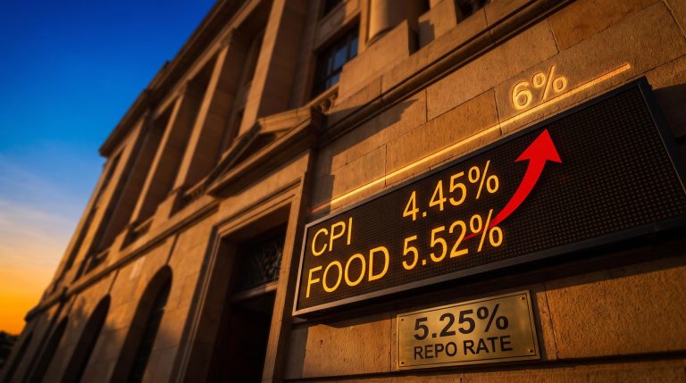 RBI Mumbai headquarters facade with food inflation and 6% ceiling figures signalling 2026 rate hike forecast