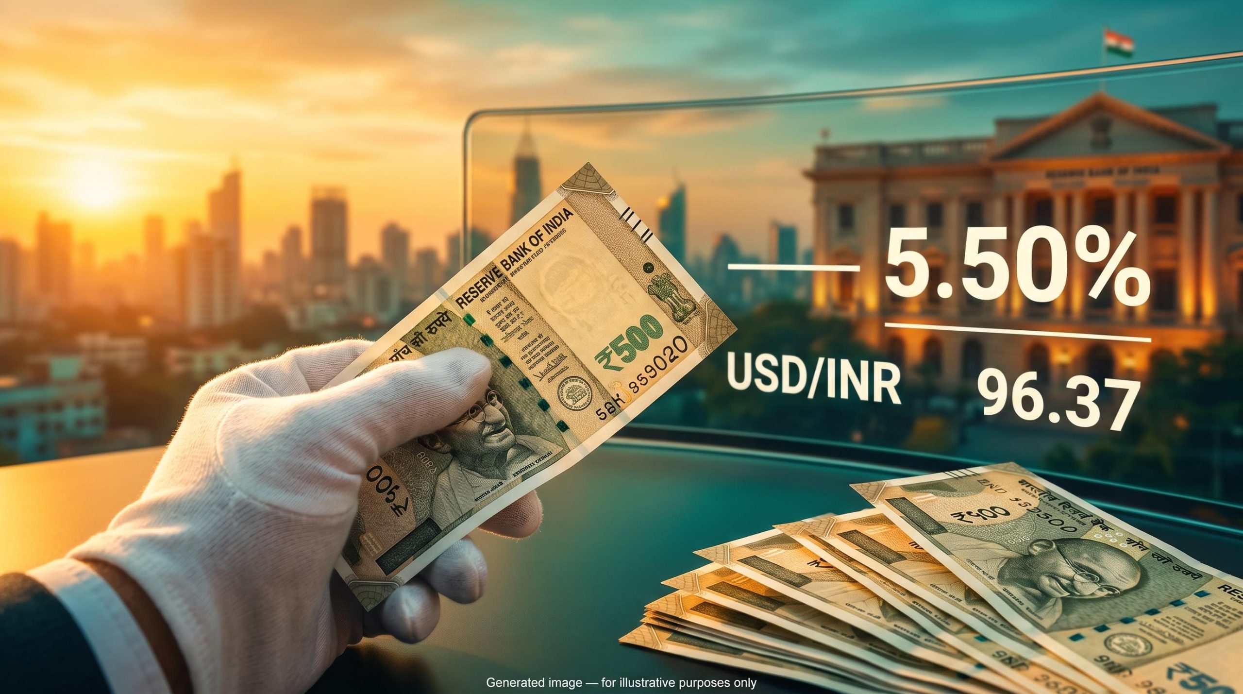 RBI rate hike to 5.50% shown on a trading screen as a steady rupee note holds calm against a Mumbai sunset skyline