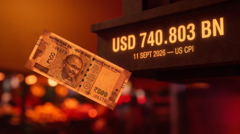 Indian rupee note under amber light with USD 740.803BN reserve figure ahead of 11 Sept CPI test of RBI rupee defense
