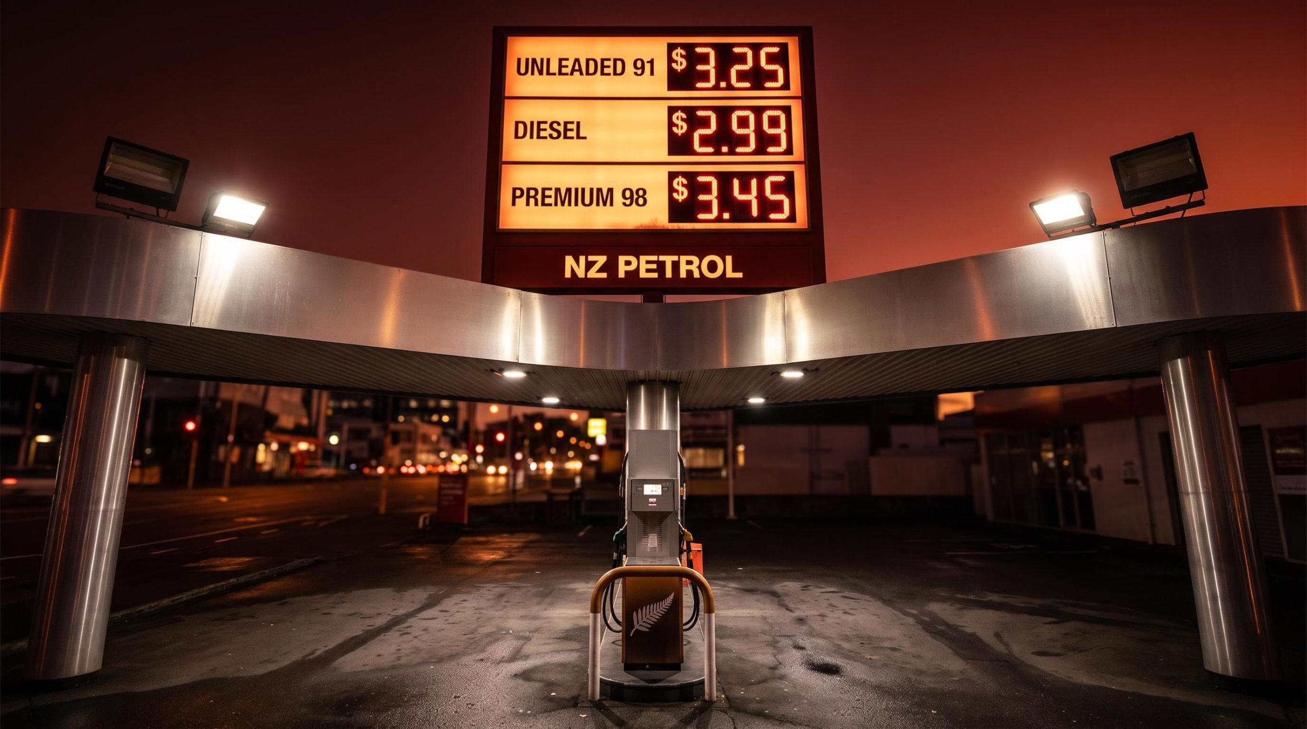 New Zealand petrol station price board lit in amber-red as RBNZ inflation forecast faces oil price pressure