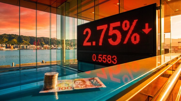 RBNZ rate decision: FX board showing 2.75% hold in red as the New Zealand dollar falls over Wellington harbour at sunset