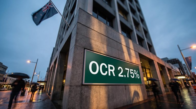 RBNZ Wellington headquarters with OCR 2.75% rate board as markets price September hike above 90%