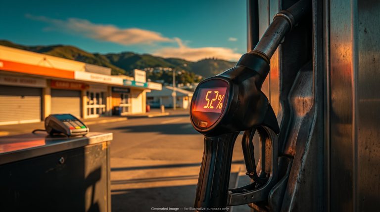 Fuel pump display showing 5.2% inflation on a New Zealand forecourt as the RBNZ rate hike decision looms