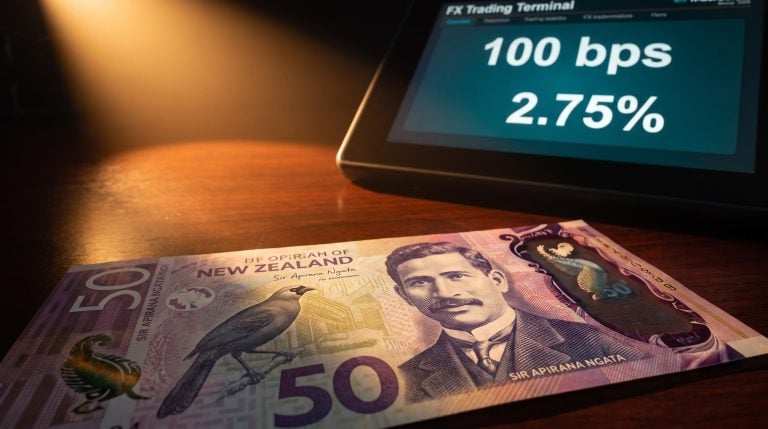 New Zealand dollar banknote under directional light with RBNZ rate hike 2.75% on FX terminal screen