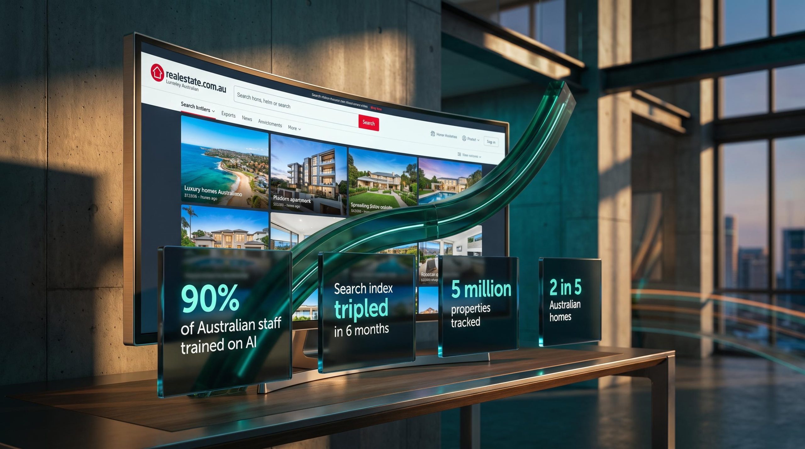 REA Group AI search interface with data overlays showing 90% workforce training and tripled search index in 6 months