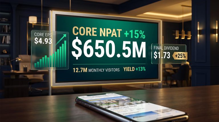 REA Group FY26 results screen showing Core NPAT 15% and $650.5M with dividend and yield data overlays