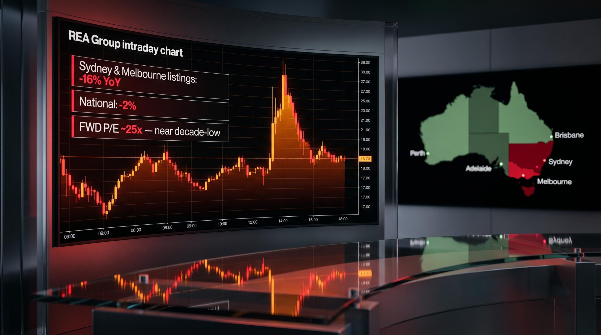 REA Group share price intraday chart spiking 5% then retreating, overlaid with Sydney-Melbourne listing data