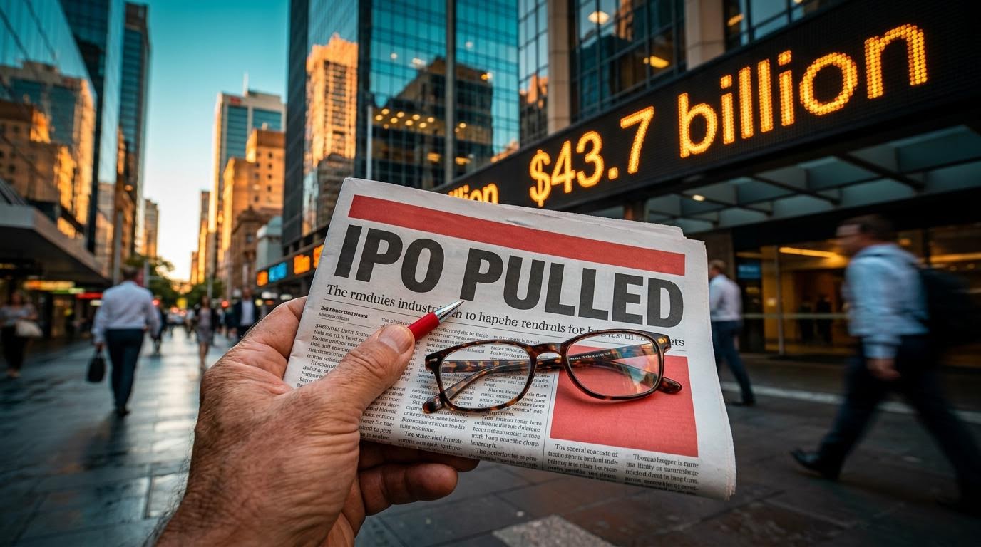 Newspaper headline about a pulled IPO held on a Sydney street, illustrating reacting to headlines investing with calm judgment