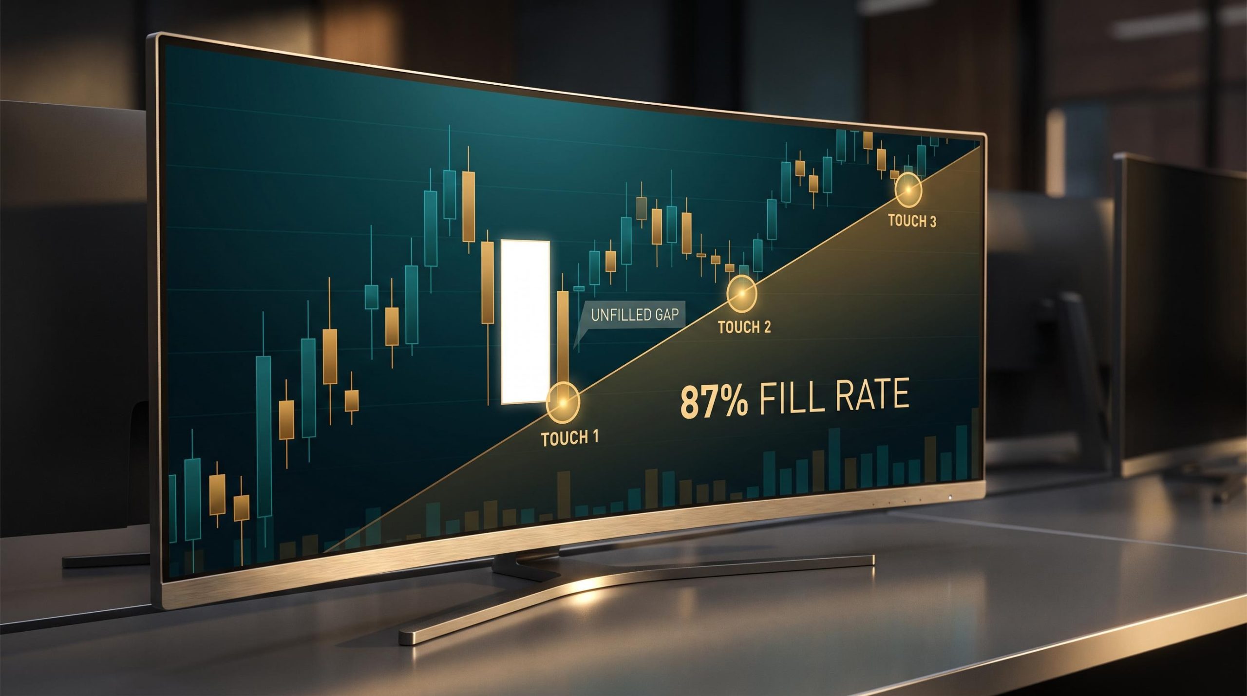 Trading monitor displaying candlestick chart with trend line touches and unfilled gap zone — read technical levels guide
