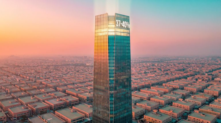 One skyscraper towering over low rooftops, illustrating reading market divergence and top-10 index concentration of 37-40%