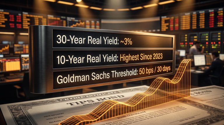 TIPS real yield display panel showing 30-year real yield near 3% and Goldman Sachs 50 bps threshold signal