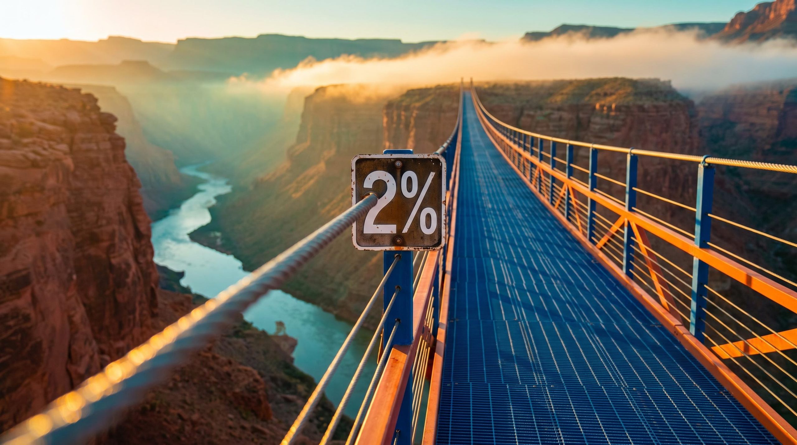 Golden-hour suspension bridge with a "2%" marker illustrating how real yields level, not direction, shapes stocks