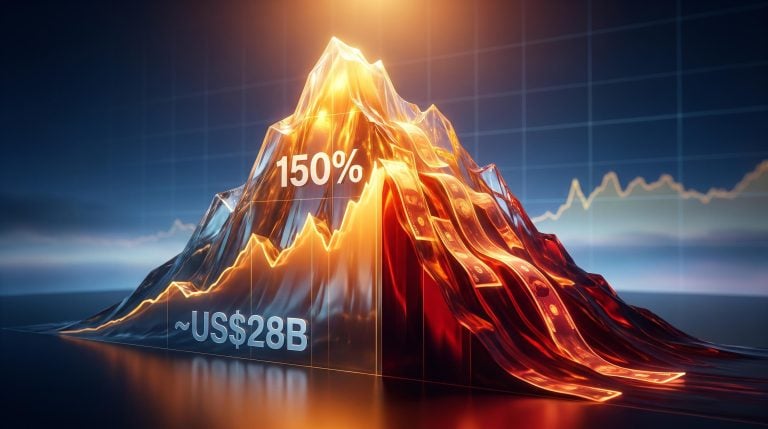 Surreal glass mountain peak labelled 150% with capital flows rushing upward as the slope collapses — recency bias investing visualised
