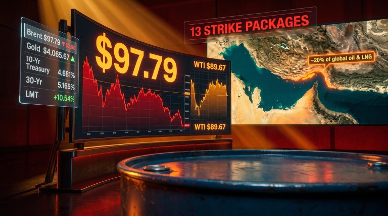 Brent crude at $97.79 on trading terminal with Strait of Hormuz map and 13 US strike packages data overlay