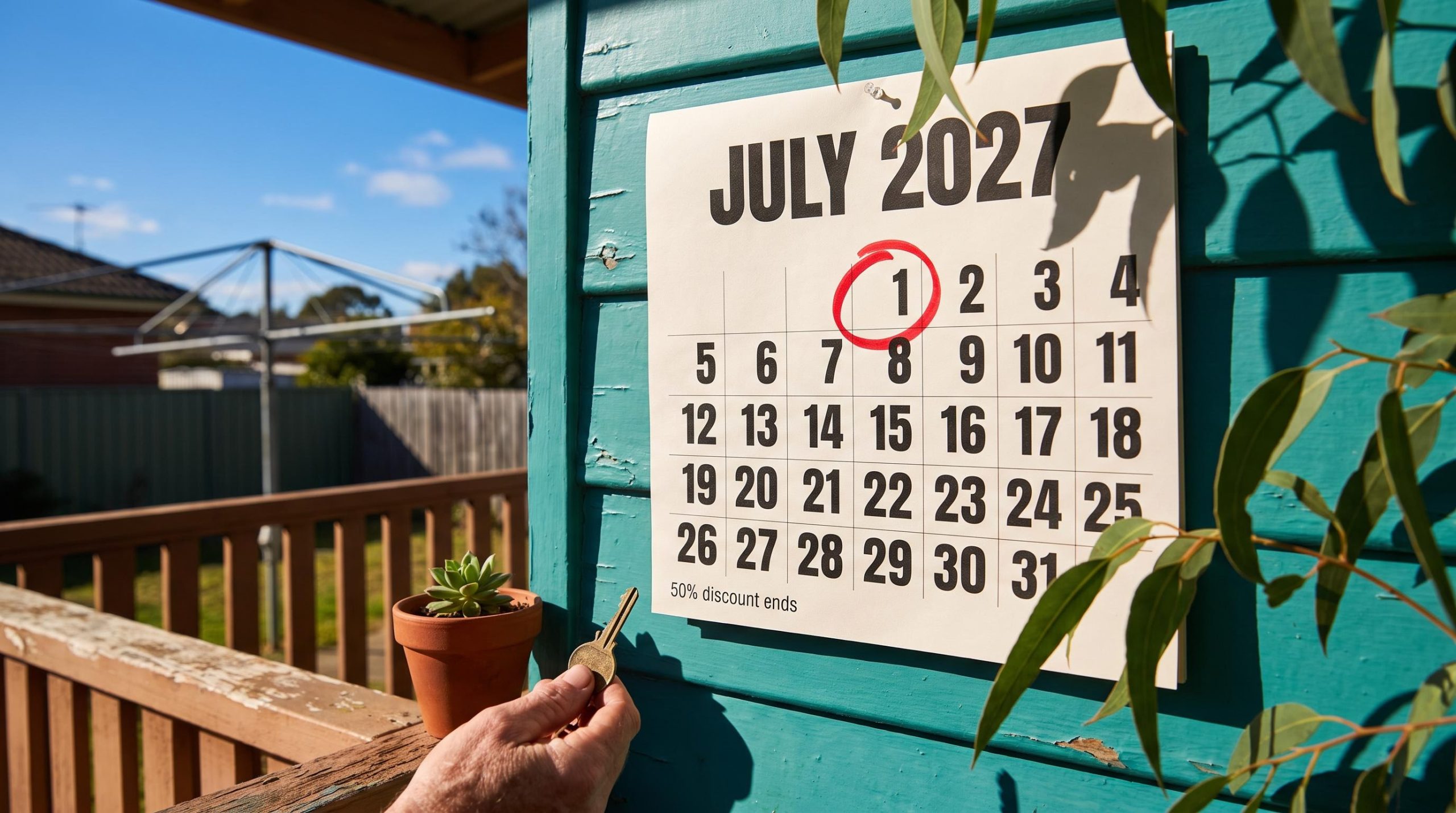 Calendar with 1 July 2027 circled on a house wall, a prompt to reduce investment tax Australia before the CGT discount ends