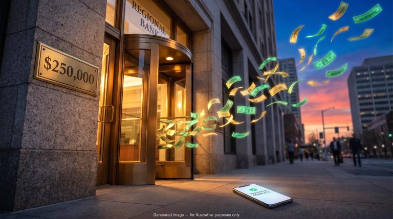 Regional bank entrance releasing streams of money beside a $250,000 plaque, illustrating regional bank fragility