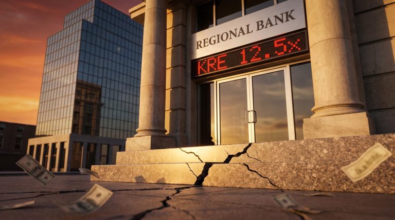 Cracked regional bank branch beside intact bank tower, illustrating regional bank risk as KRE lags the financials sector
