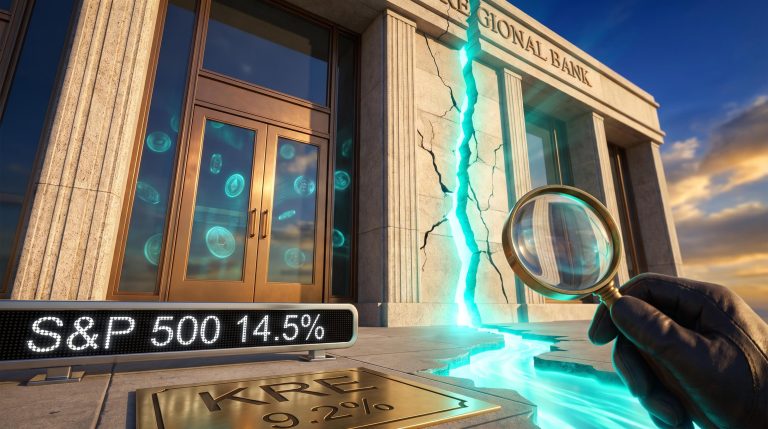 Cracked regional bank facade glowing teal beside KRE 9.2% plaque, illustrating regional banks disruption versus S&P 500