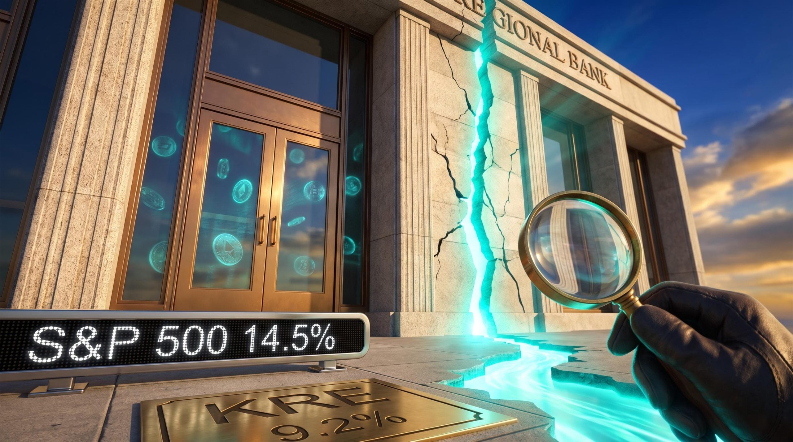 Cracked regional bank facade glowing teal beside KRE 9.2% plaque, illustrating regional banks disruption versus S&P 500