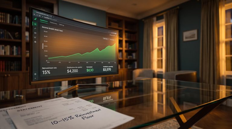 Dividend reinvestment dashboard showing 15% reinvestment rate with quarterly income breakdown for retirement portfolio growth