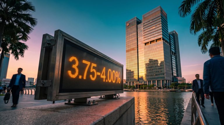 Singapore skyline at golden hour with a rate board showing 3.75-4.00%, illustrating REITs and Fed rate hikes