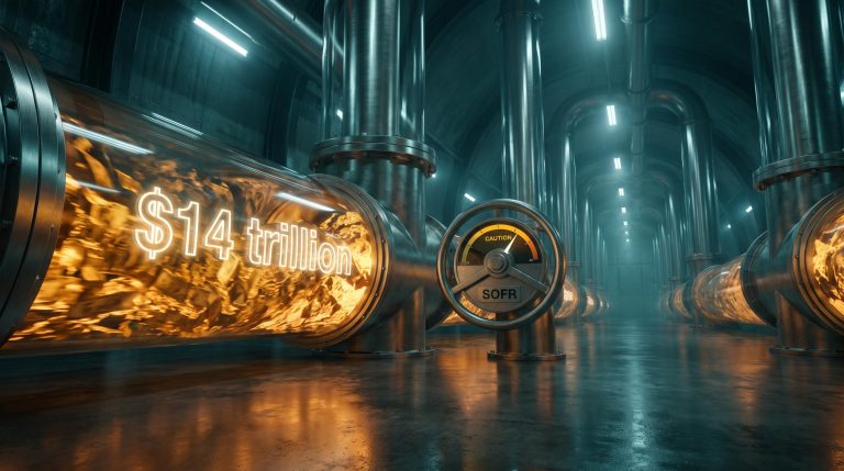 Massive steel-and-glass pipeline system carrying $14 trillion in overnight repo market liquidity through a vault