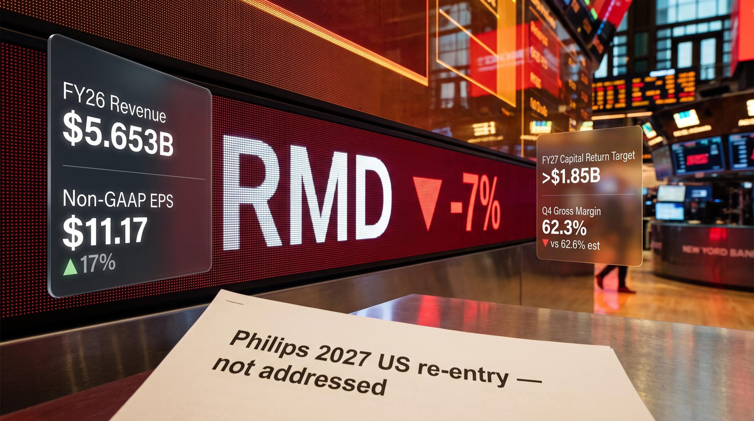 ResMed RMD ticker showing -7% drop with FY26 revenue $5.653B and >$1.85B FY27 capital return data panels
