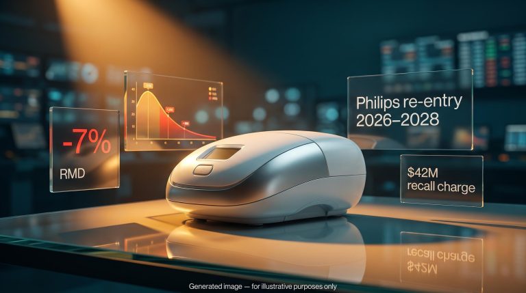 ResMed CPAP device with –7% stock drop and Philips re-entry risk data panels in analytical editorial scene