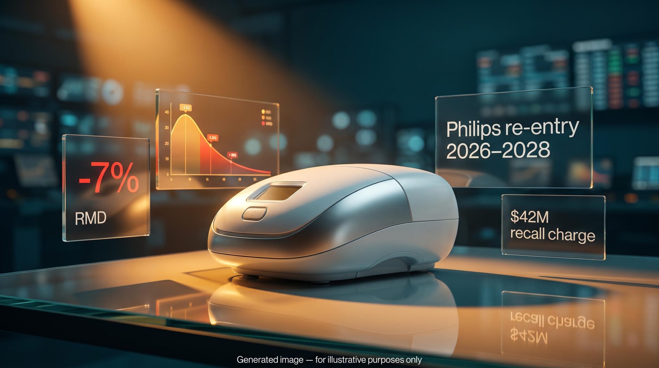 ResMed CPAP device with –7% stock drop and Philips re-entry risk data panels in analytical editorial scene