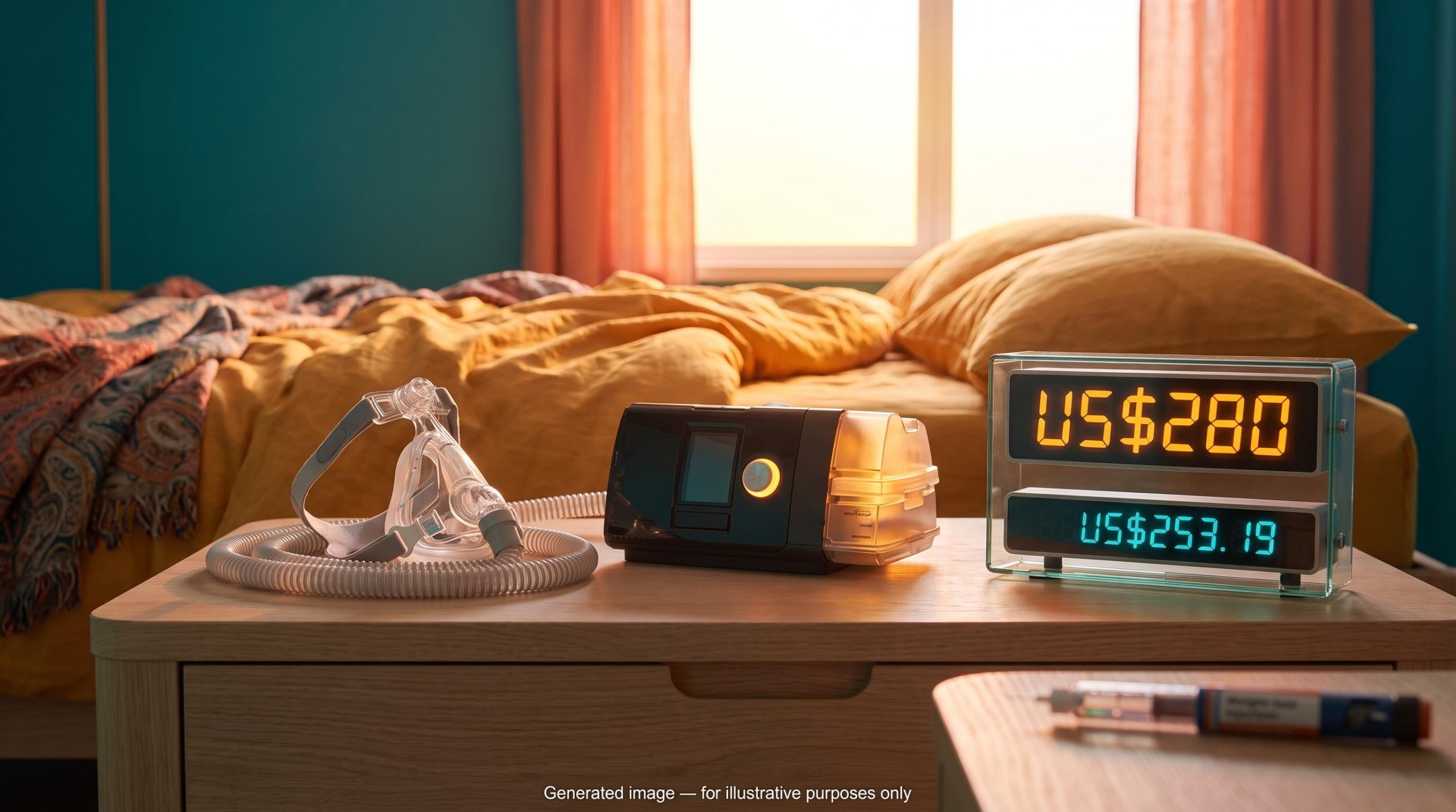 ResMed stock analysis: CPAP machine on bedside table with US$280 fair value beside US$253.19 share price displays