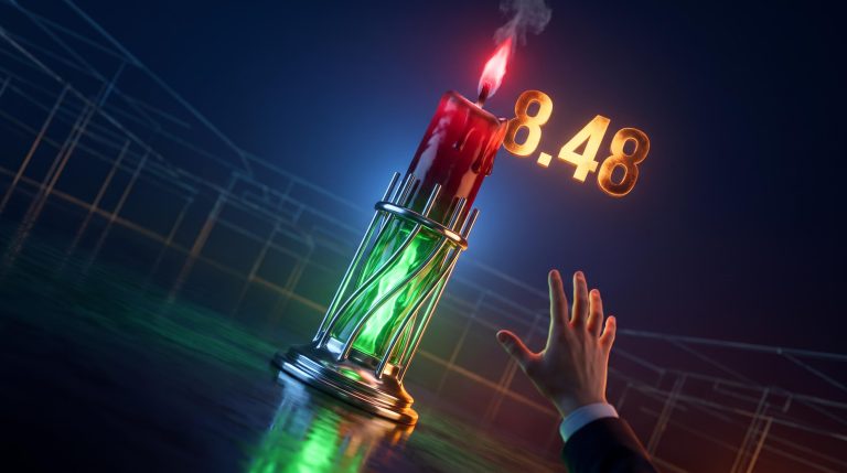 Surreal chrome candlestick at price peak with 8.48 retail performance gap — the retail trader trap visualised