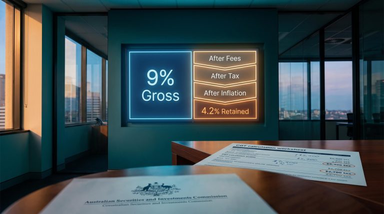 Trading screen showing 9% gross fund return shrinking after fees, tax, and inflation — retail vs institutional investing gap