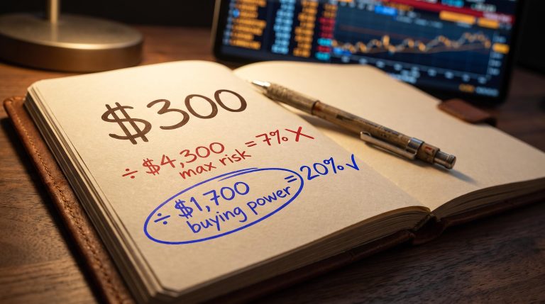 Options ROC formula showing buying power as the correct denominator versus maximum risk, circled in a trader's notebook