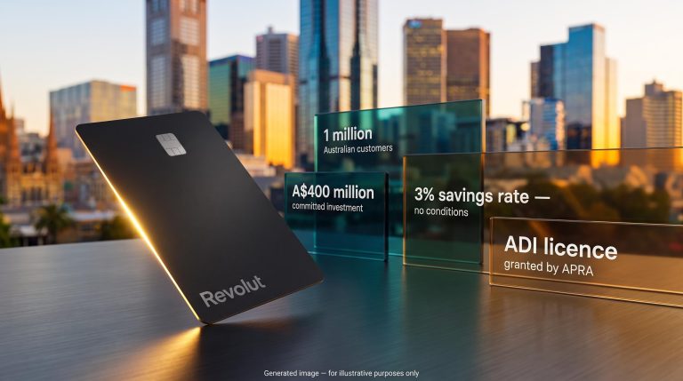 Revolut card in sharp focus with APRA banking licence data panels and Australian city skyline backdrop