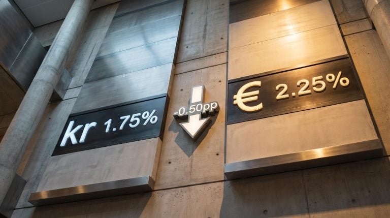 Riksbank 1.75% vs ECB 2.25% rate boards showing -0.50pp differential in asymmetric architectural lighting