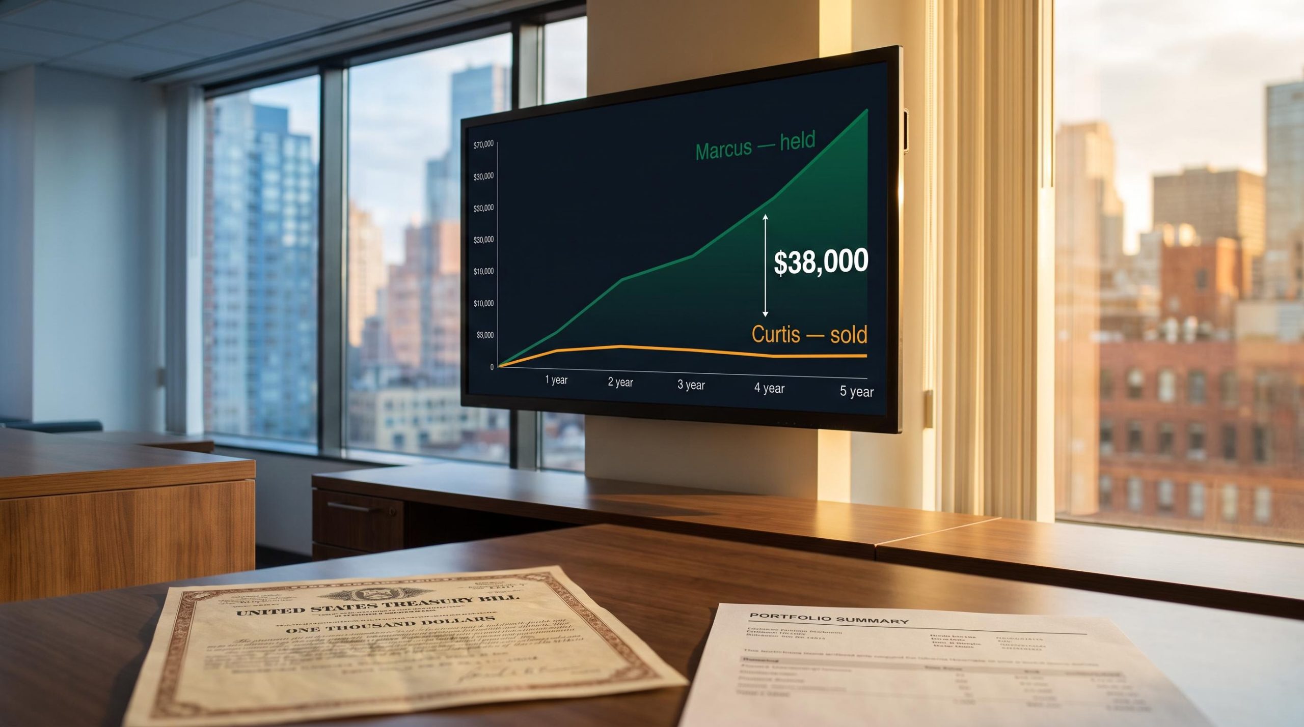 Diverging investment chart showing $38,000 gap from rising bond yields behavioural decisions