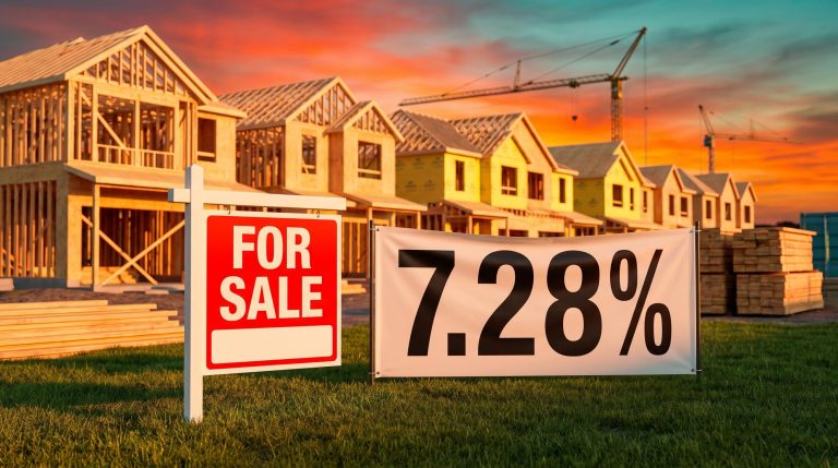 Homebuilder sales sign showing 7.28% mortgage rate at sunset, illustrating how rising bond yields impact stocks