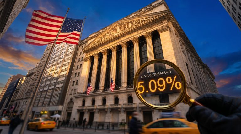 NYSE facade with 10-year Treasury yield at 5.09% under a magnifying glass, examining rising bond yields and stock valuations