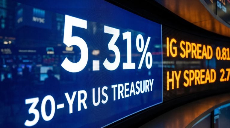 30-year US Treasury yield at 5.31% displayed on a trading screen alongside compressed credit spread data