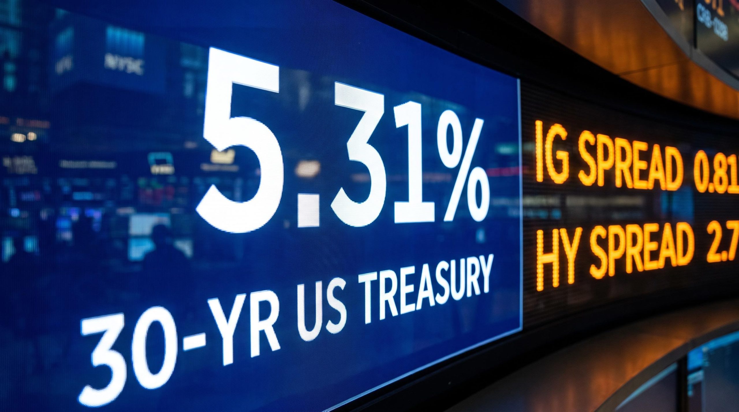 30-year US Treasury yield at 5.31% displayed on a trading screen alongside compressed credit spread data