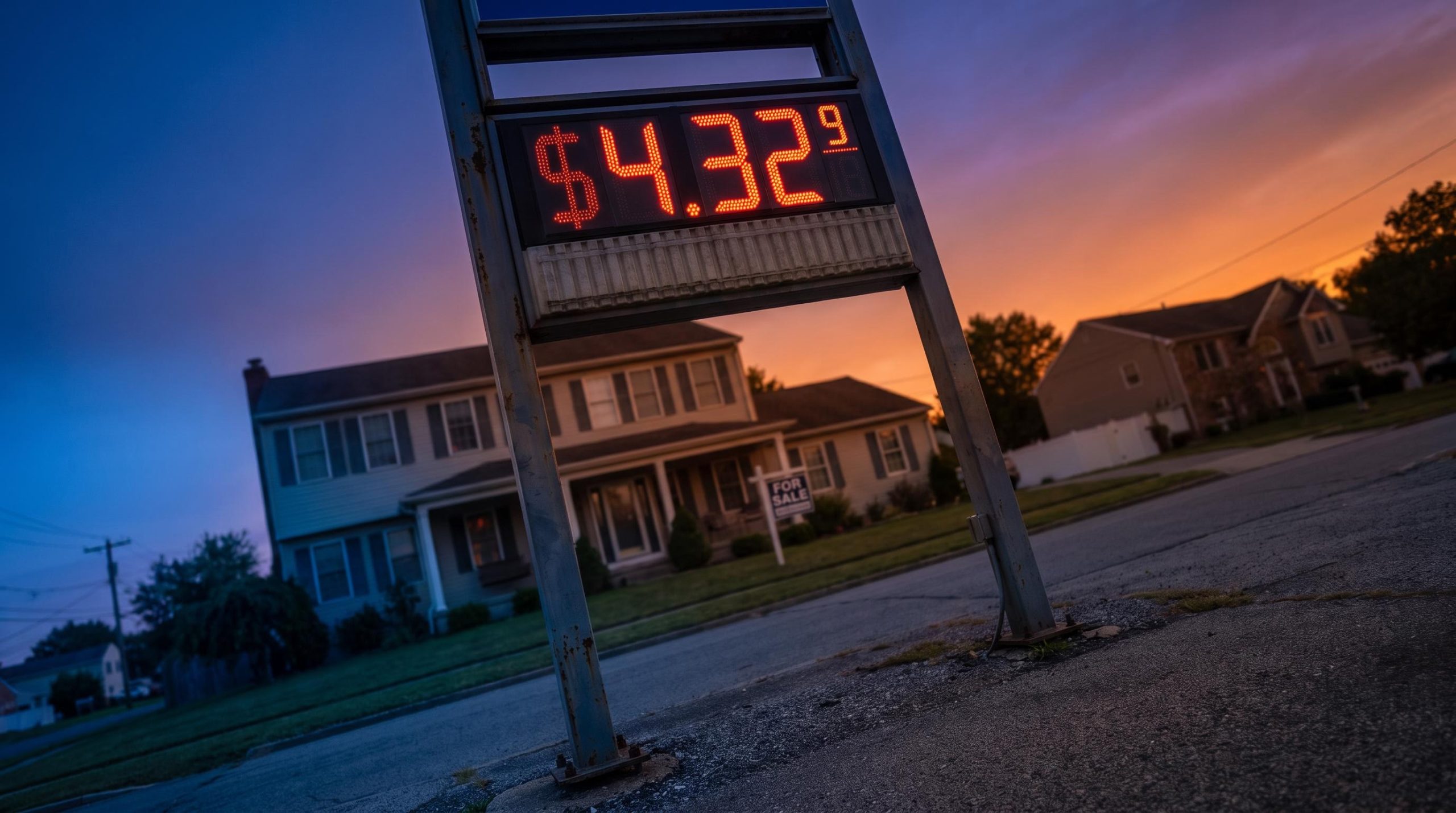 Gas station sign showing $4.32 with a suburban home behind it — rising interest rates hidden cost explainer