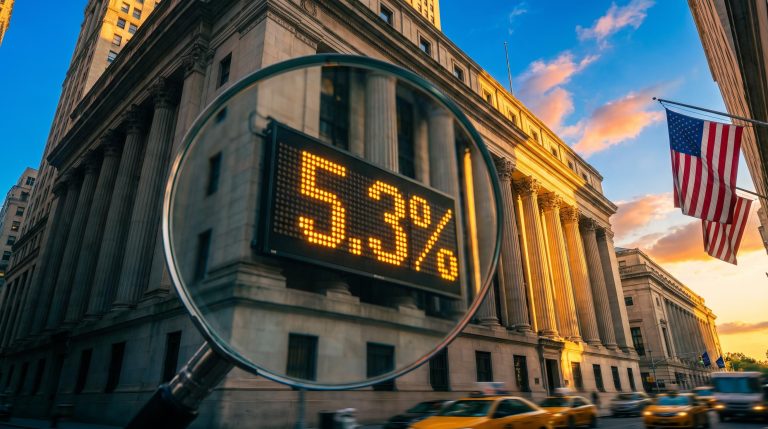 Wall Street yield board showing 5.3% under a glass lens at golden hour, examining rising Treasury yields