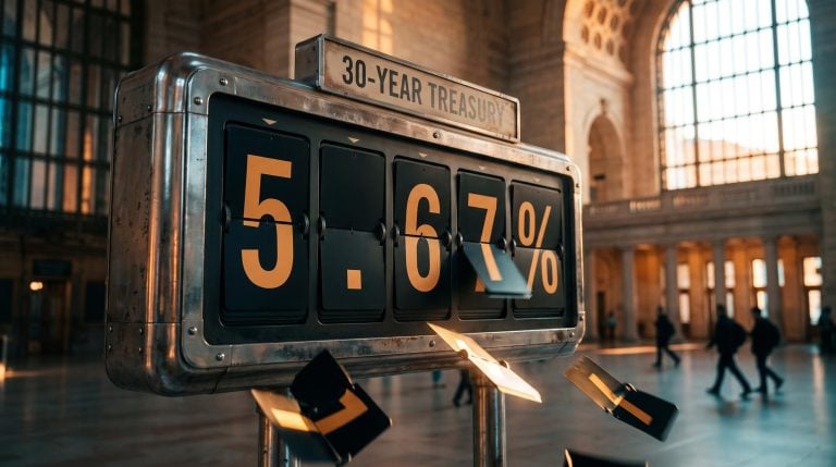 Split-flap board flipping to 5.67% for the 30-year Treasury, illustrating rising Treasury yields in a sunlit hall