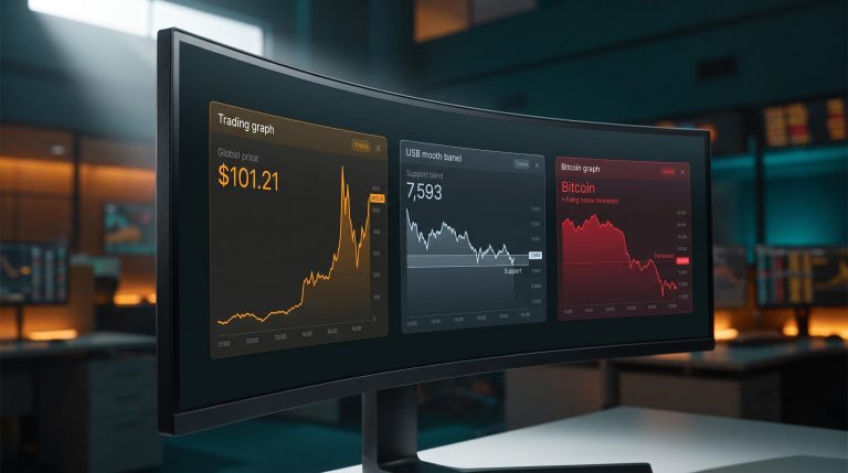 Three-panel trading terminal showing WTI crude at $101.21, S&P 500 at 7,593, and Bitcoin falling — risk-off signals converge