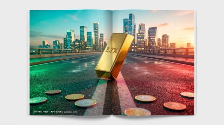 Gold bar etched 3.7% at a road split into green and red lanes, illustrating risk on risk off reactions to US inflation