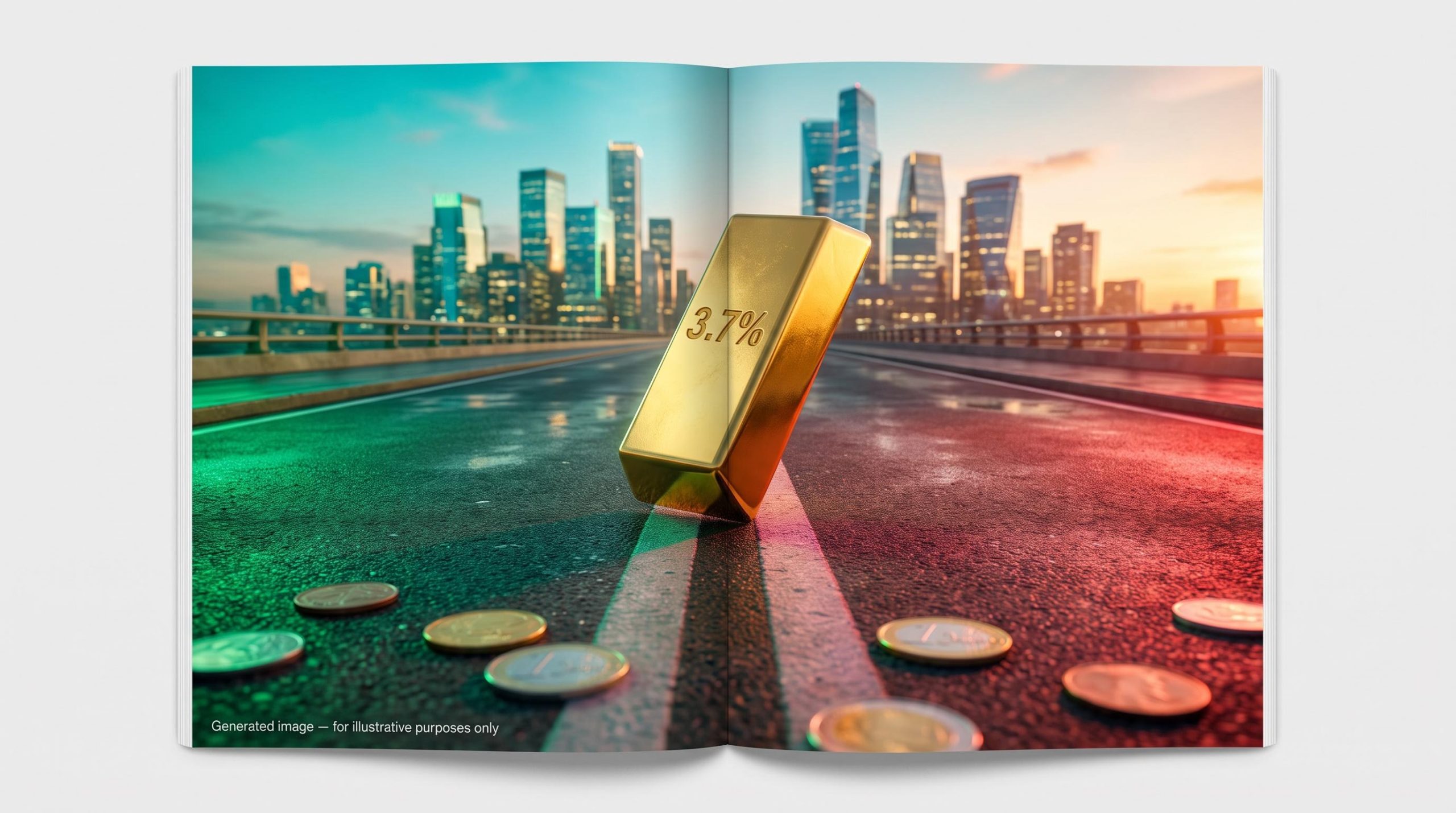 Gold bar etched 3.7% at a road split into green and red lanes, illustrating risk on risk off reactions to US inflation